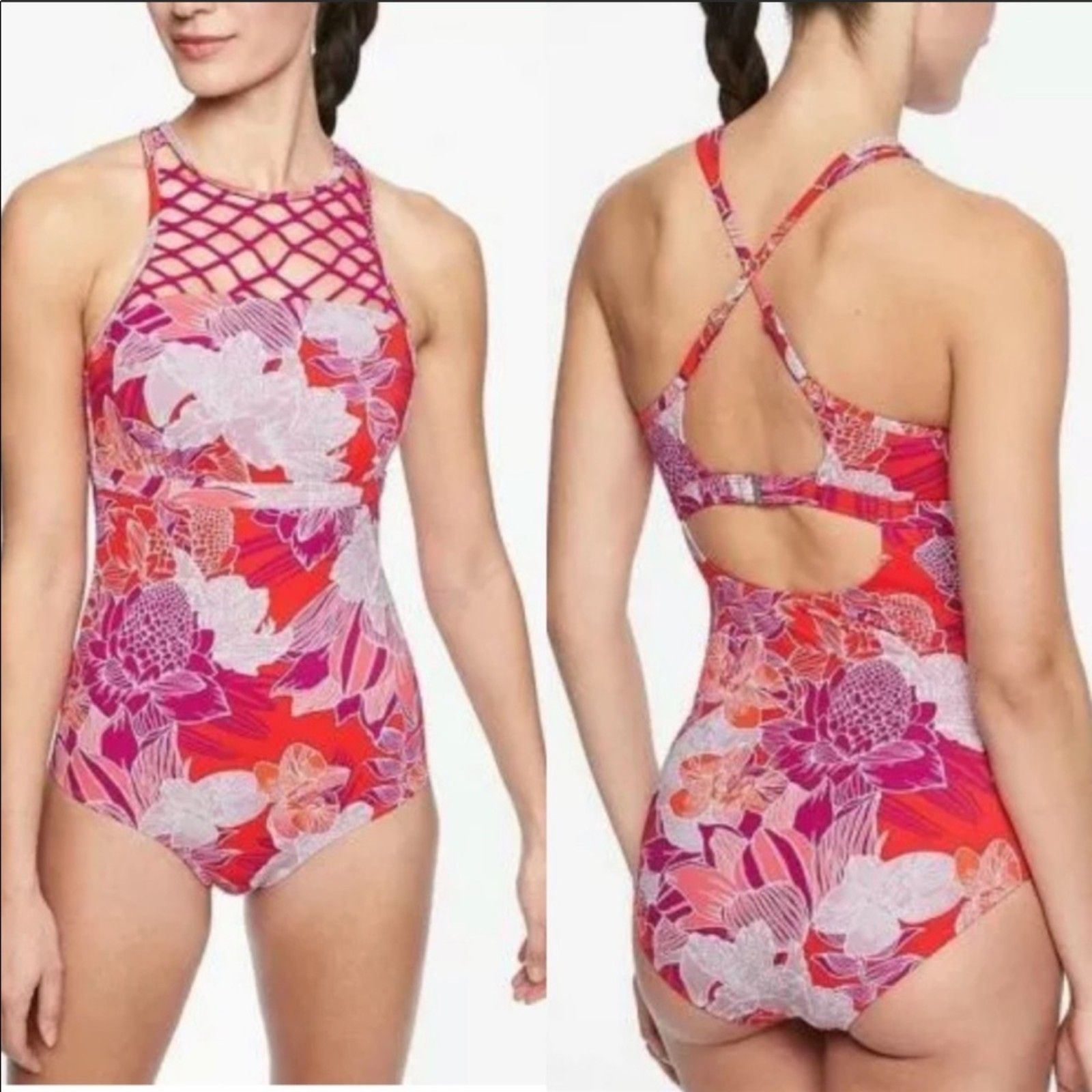 Athleta Rio Macrame High Neck One Piece Swimsuit 34d 34dd Tropical Resort Boho